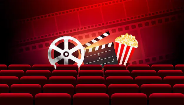 Cinema podium achtergrond met filmklapper popcorn en stoelen 1017 38722